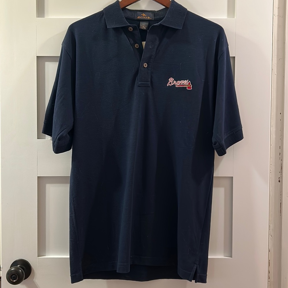 Braves Antigua Waffle Knit Collared Shirt Navy Size S w/Budweiser Official Beer